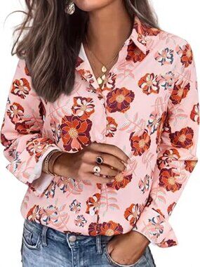 Orange Pink Floral Button Down Shirts for Women Striped Dress Shirts Long Sleeve